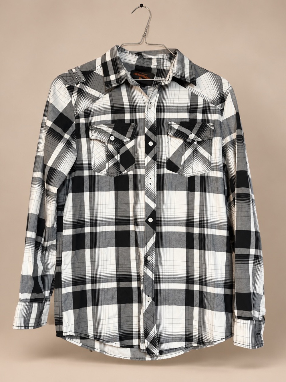 Men's Black & White Plaid Button-Down Shirt - Casual Western Style
